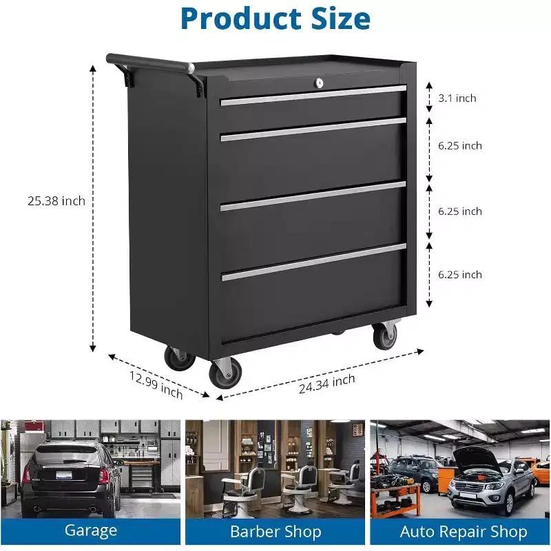 Tool Box, 4-Drawer Rolling Tool Chest Locking System, Lockable Wheels & Sliding Drawers, for Garage Workshop Warehouse Repair Shop (Black)