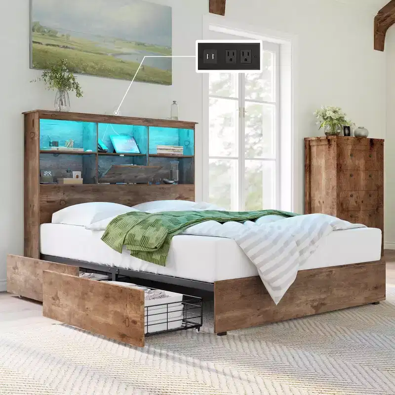 Bed Frame with LED Bookcase Headboard, Wooden Storage Bed with 4 Drawers, Charging Station