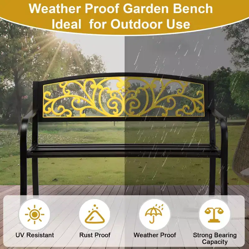 Karl Home | Black Steel Patio Bench With Yellow Backrest