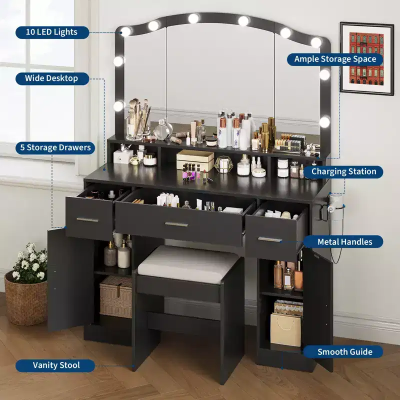 Wooden Vanity Table with LED Lighted Mirror & Charging Station, Modern Makeup Vanity Desk with Storage Drawers & Cabinets for Bedroom