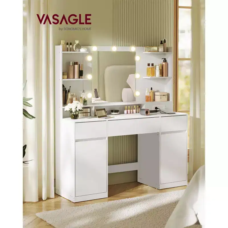Vanity Desk with 9 LED Lights & Power Outlets, 43.3 Inch Makeup Table with 2 Cabinets, 3 Drawers & 8 Compartments, Dressing Table, Cloud White