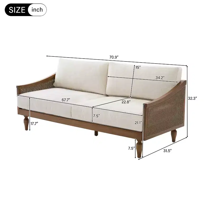 Christopher Knight Home Sachiko 70.9 Mid-Century Modern 2-Seater Rubberwood Chenille Upholstered Sofa with Rattan Armrests