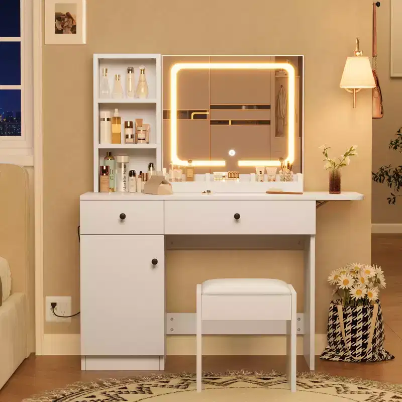 Vanity with mirror and light, sliding illuminated mirror makeup table, 3 lighting modes, 5 large drawers, perfect for the bedroom