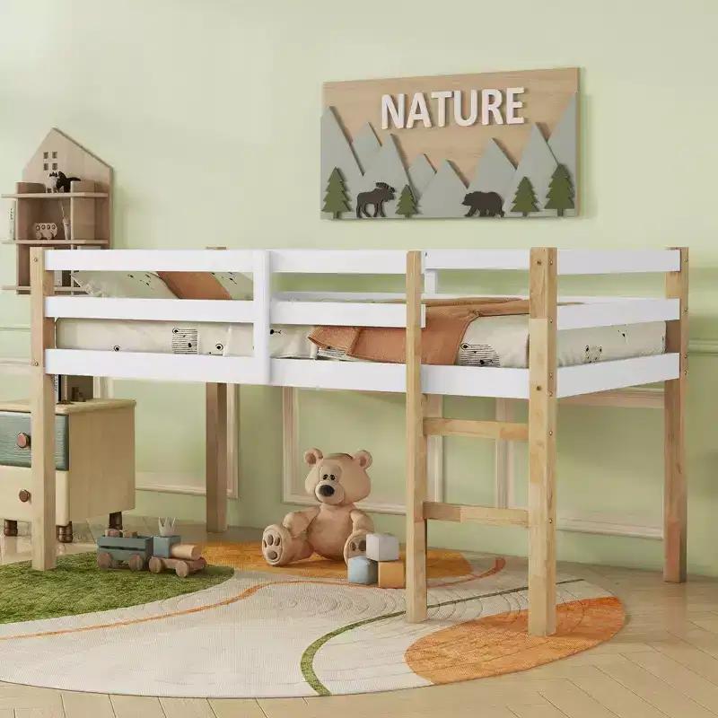 Twin Size Loft Bed with Ladder for Kids Teens, Wooden Loft Bed Frame with Strengthened Slats for Bedroom, Natural+White