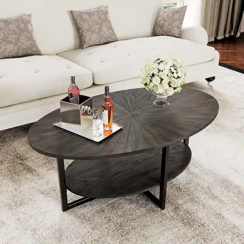 Solid Wood Oval Coffee Table with Cross Metal Legs