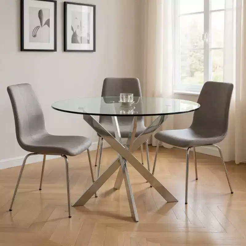 HomeRoots 48 Clear and Silver Glass and Metal Cross Leg Base Round Top Dining Table
