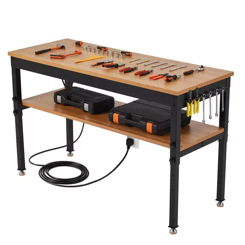 48 Work Bench, Adjustable Height Workbench with Storage Shelf, 48 x 24 Work Benches for Garage, Bench with Power Outlet for Workshop & Home