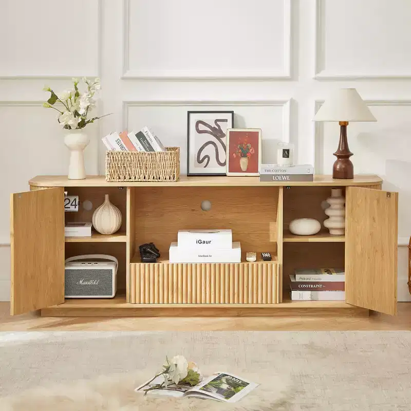JVNOXK 64-inch Wave TV Console, Rounded Corner Sideboard, Storage Cabinet, Wooden Vertical Stripe Cabinet, Natural Finish, for Dining and Living