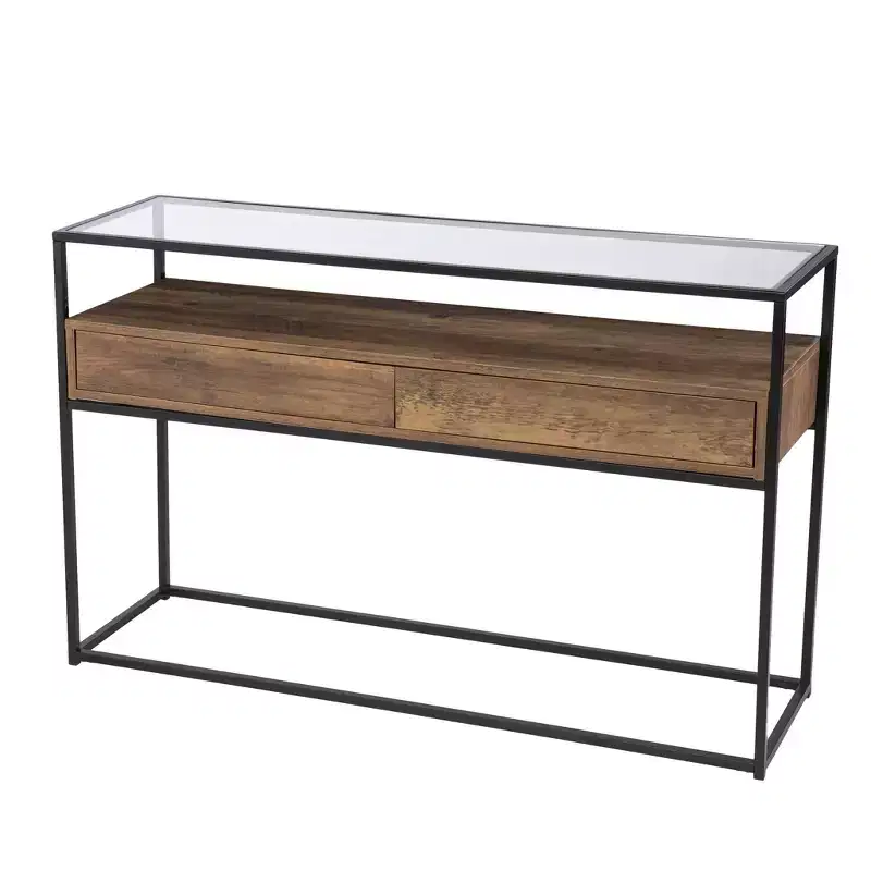 HomeRoots 48 Clear and Black Glass Frame Console Table With Storage With Storage