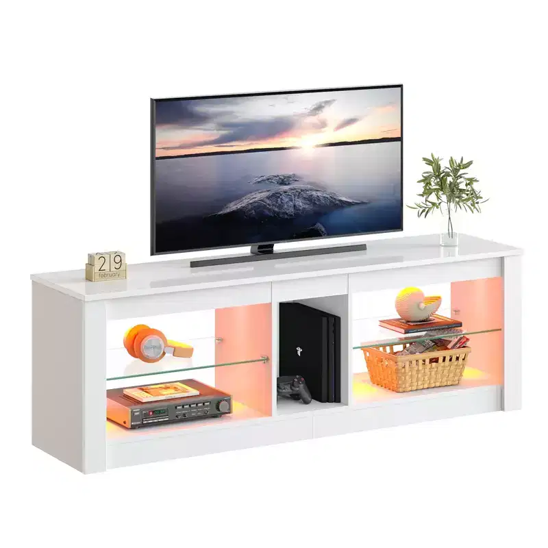 Particle Board TV Stand with Glass Shelves 18.5''H x 55.12''W x 13.78''D