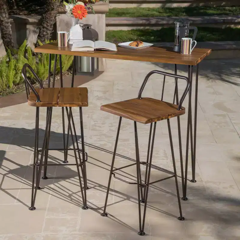 Christopher Knight Home Outdoor Industrial Acacia Wood 3 Piece Bar Set with Hairpin Legs, Teak