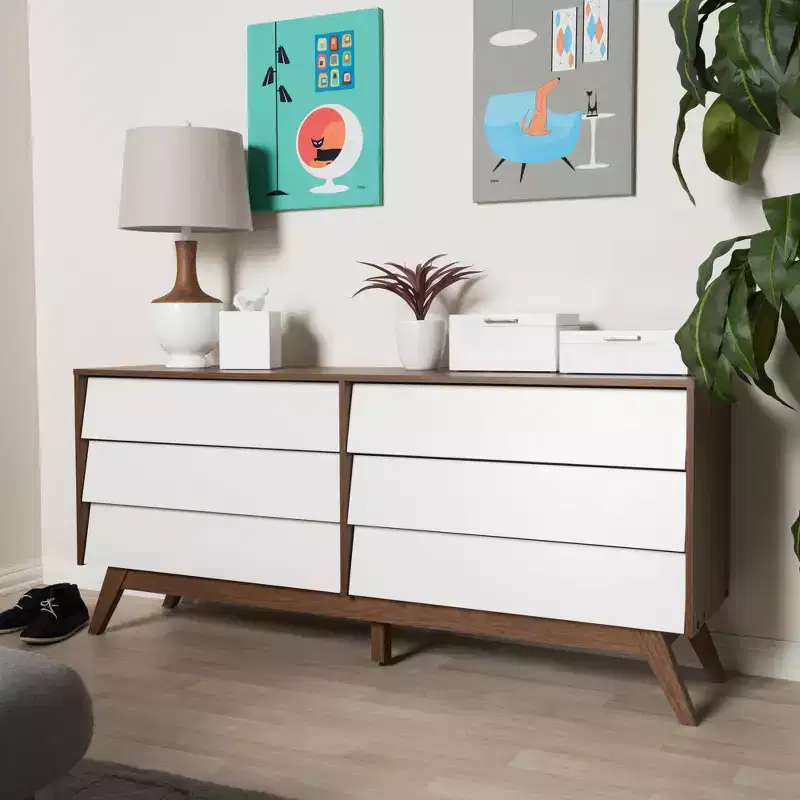 Brown & White 6-Drawer Dresser, Mid-Century Modern, Single