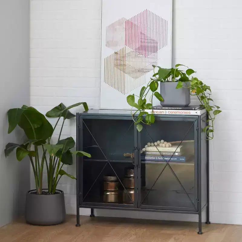 Industrial Metal Cabinet Black - Iron Frame, Fretwork Design, No Assembly