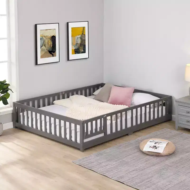 Solid Wood Bed Frame Twin Size with Safety Rails and Slat Support for Kids