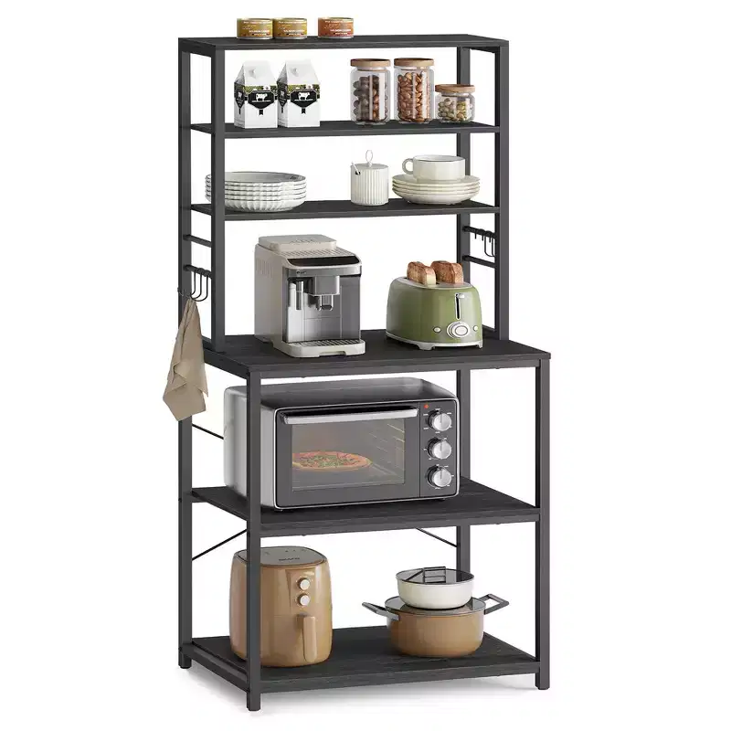VASAGLE Baker's Rack Microwave Oven Stand Kitchen Tall Utility Storage Shelf 6 Hooks and Metal Frame