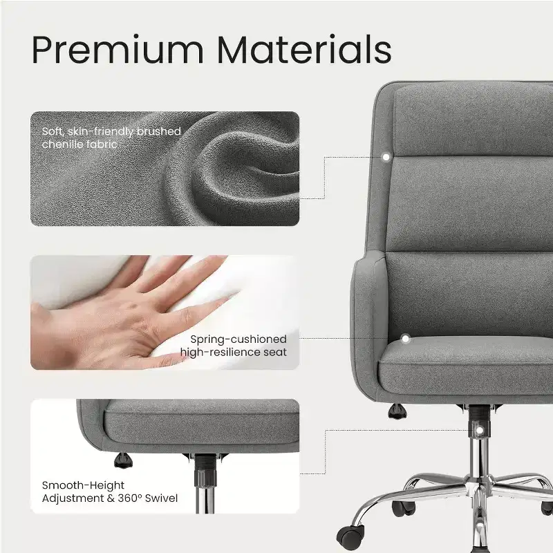 Adjustable Office Chair with 360 Swivel, Premium Chenille Upholstery, Spring-Foam Cushion, and Quiet Rollerblade Casters