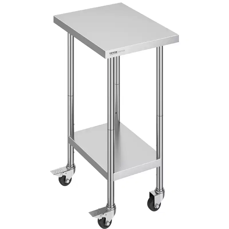 Stainless Steel Work Table 24 x 18 x 38 Inch, with 4 Wheels, 3 Adjustable Height Levels, Heavy Duty Food Prep Worktable, Silver