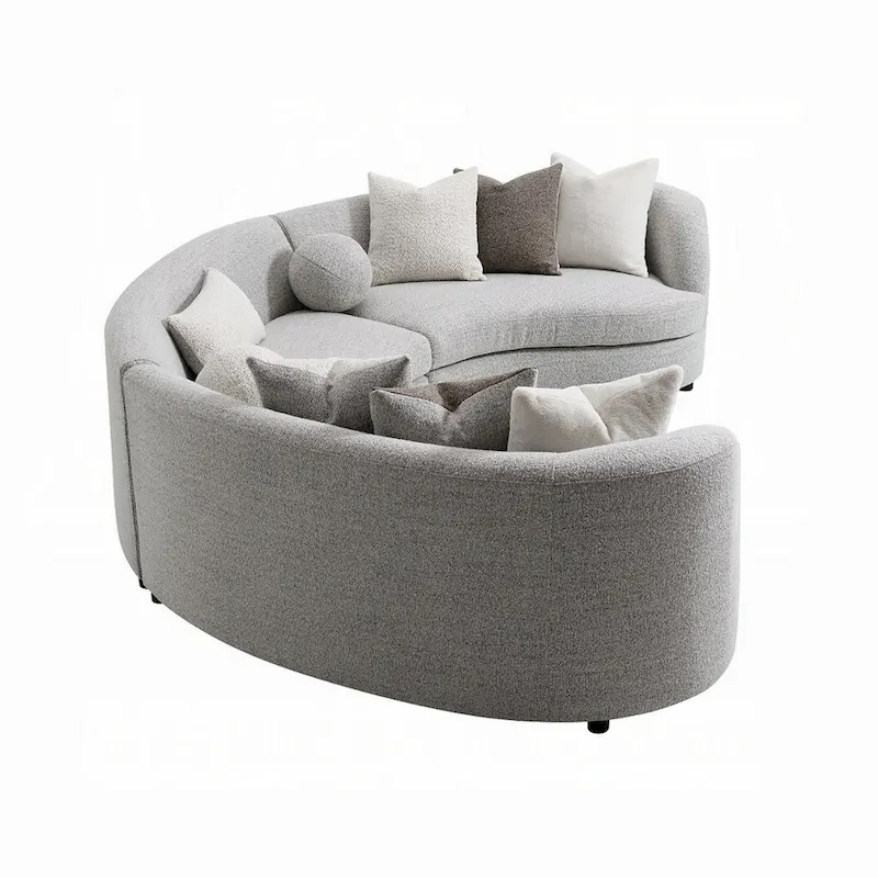 3pc Sectional Sofa, 9 Pillows, Curved Frame, Gray Boucle Fabric