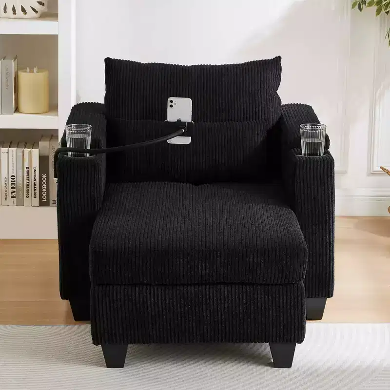 Convertible Chaise Sofa Bed Corduroy Sleeper Sofa with Ports Cup Holders Ample Storage Space for Living Room Black