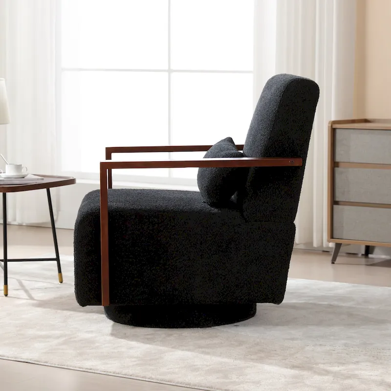 Mid-Century Boucle Upholstered Swivel Armchair With Pillow