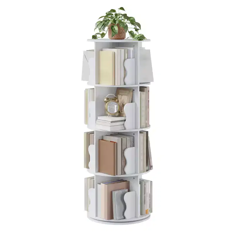 4 Tier Rotating Bookshelf Tower for Small Spaces, Revolving 360 Bookcase Storage Rack Tower, Vertical Rotate Turning Spiral Wood BookShelf Organizer