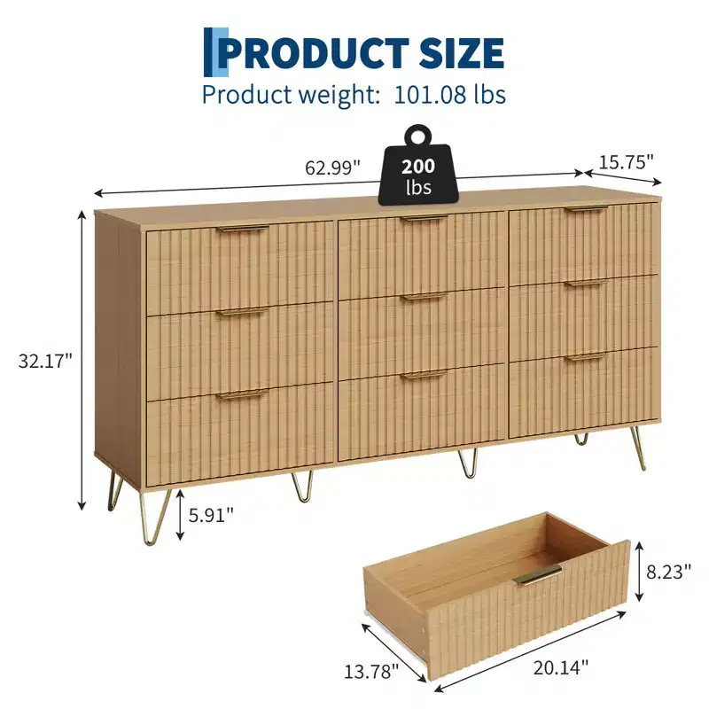 Fluted Dresser with 9 Drawers, 63 Wide Modern Chest of Wooden Drawers with Metal Handle, Wide Clothes Storage Organizer for Living Room