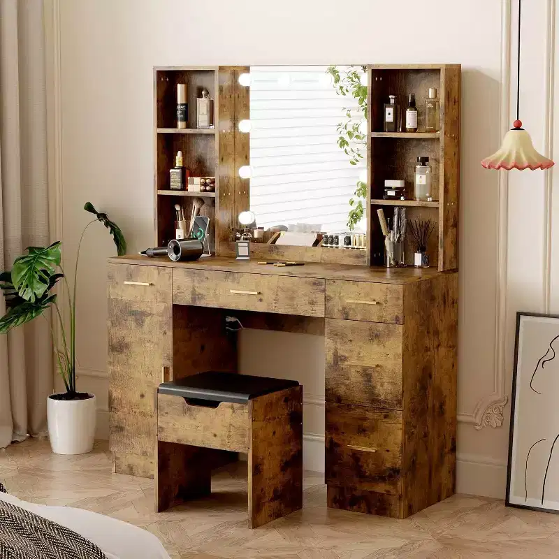 Acekool Farmhouse Vanity Set with Mirror, 56 Inch Makeup Desk with Charging Station, Adjustable Lighting, Storage Shelves & Stool for Bedroom