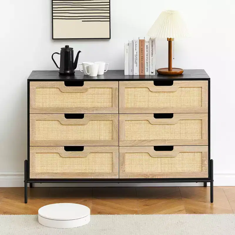 Large Wide 6 Drawer Dresser, Sturdy Metal Legs Farmhouse Chest of Drawer for Closet, Living Room, Bedroom,