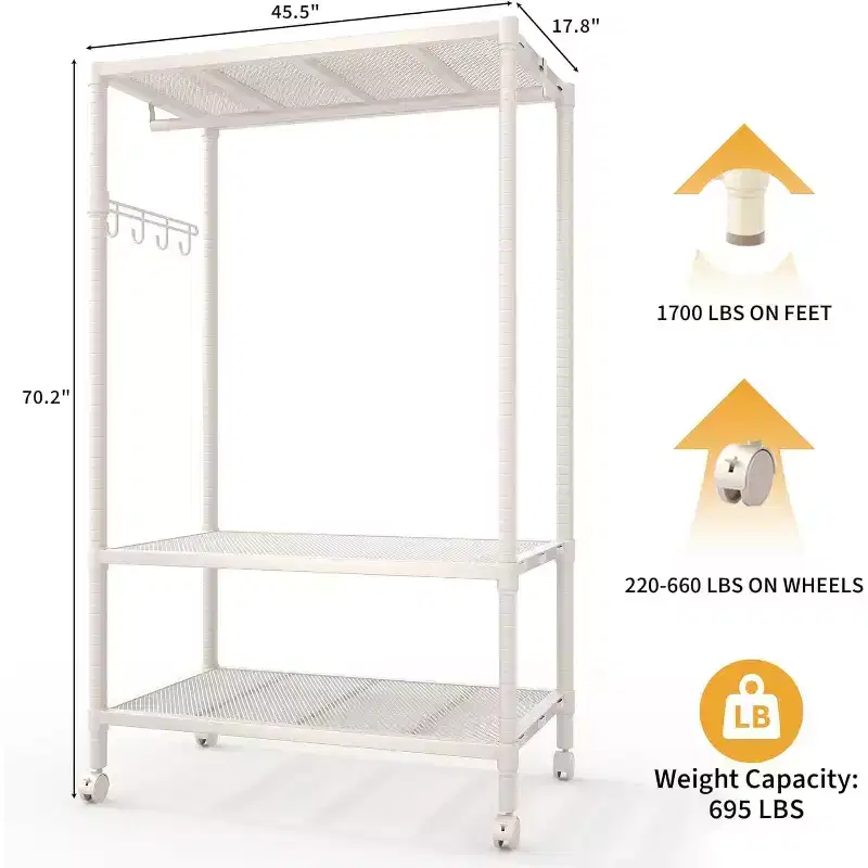 Heavy Duty 3-Tier Rolling Clothes Rack,Adjustable Shelves, Side Hooks, Lockable Wheels,Freestanding Wardrobe Organizer for Bedroom
