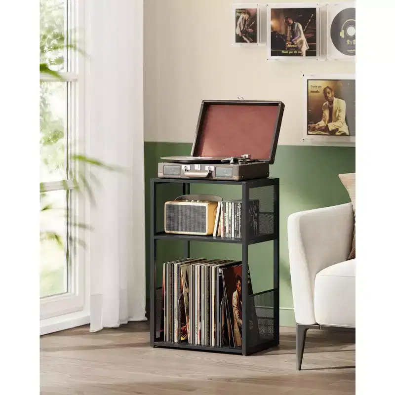 3 - Tier Record Player Stand & Side Table - Holds up to 100 Vinyl Records, Ideal for Living & Bedroom