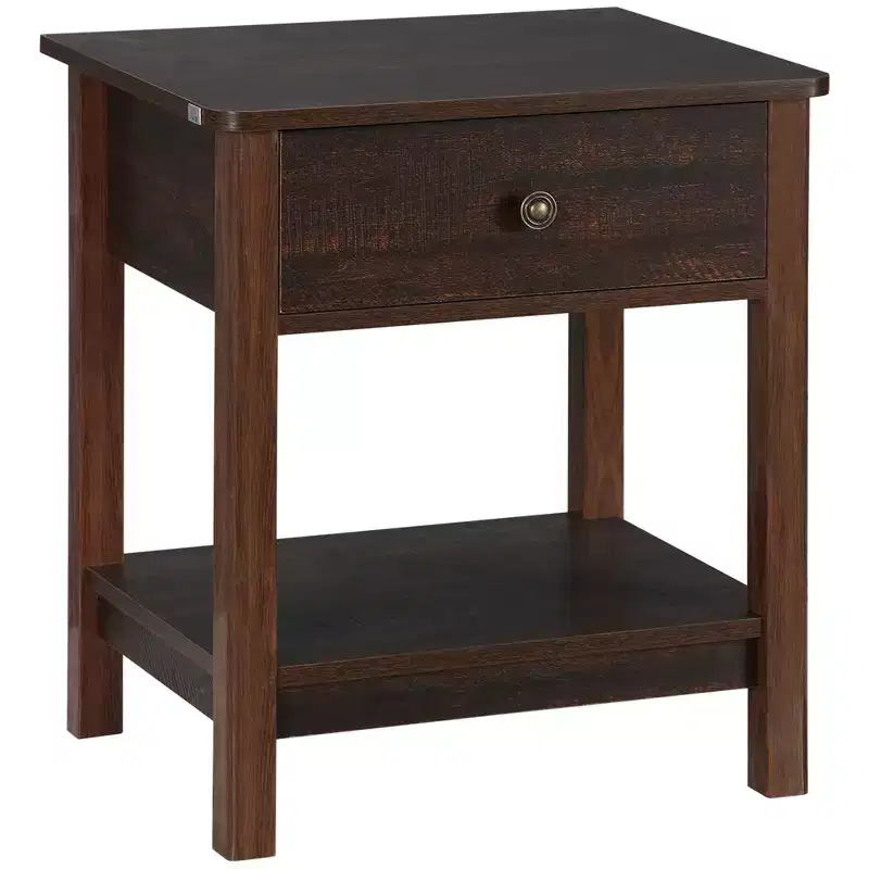 End Table with Drawer & Bottom Shelf, MDF, Brown, 88 lbs Capacity, Farmhouse Style