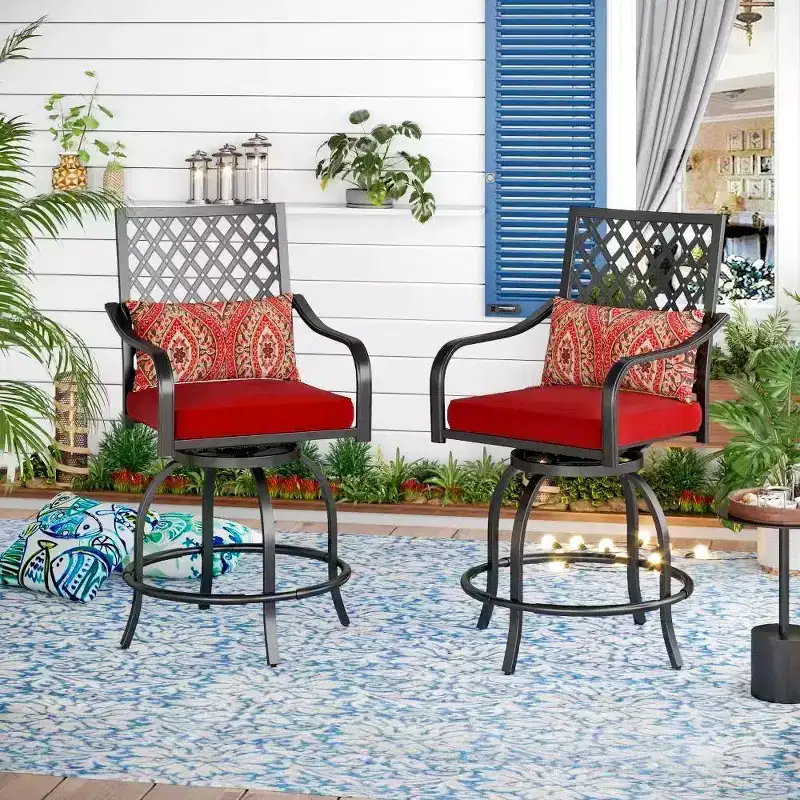3pc Outdoor Bar Set with Swivel Stools & Square Metal Table with Umbrella Hole - Captiva Designs: Patio Furniture Set with Cushions