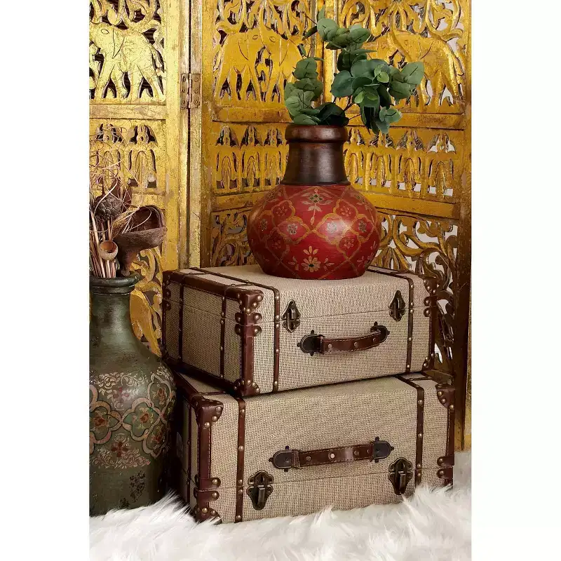 Set of 2 Wood Brown Trunks Brown - Olivia & May: Vintage Style, Hinged Lid, Fully Assembled Storage Chests