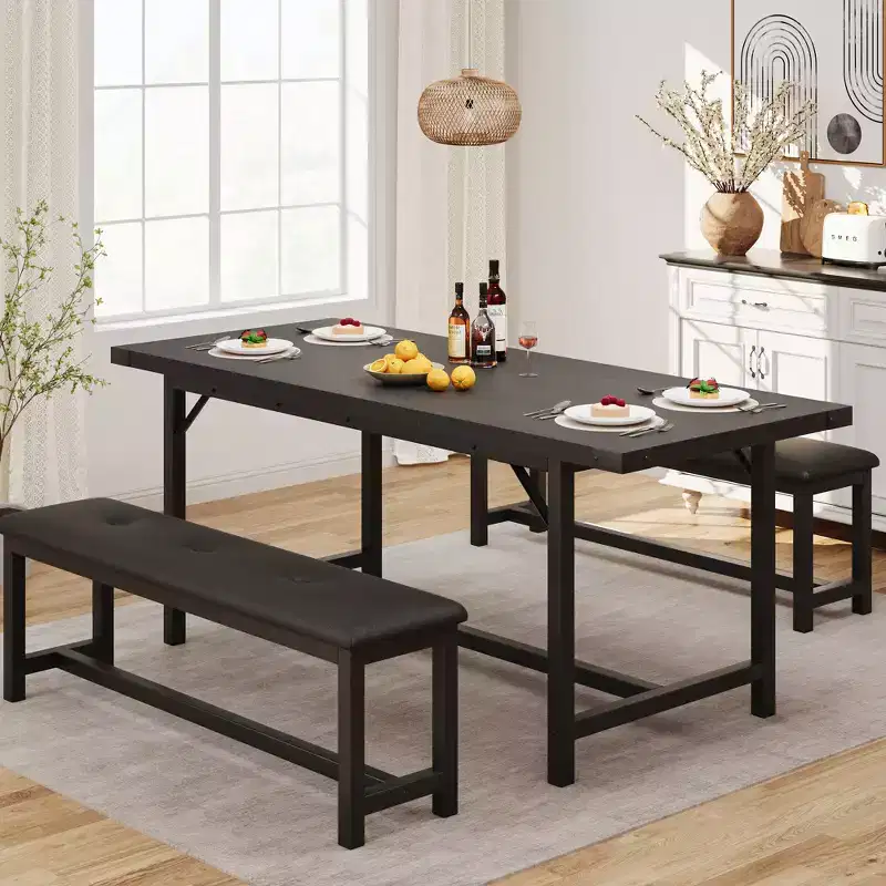 Dining Table Set for 4-6,63 Extendable Kitchen Table & Bench,Metal Frame Rectangle Table Set with 2 Upholstered Benches for Dining Room,Apartment