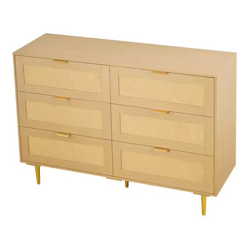 6 Drawer Rattan Dresser, Double Dresser for Bedroom, Natural Rattan Chest of Drawers with Metal Handles & Legs, Wood Color