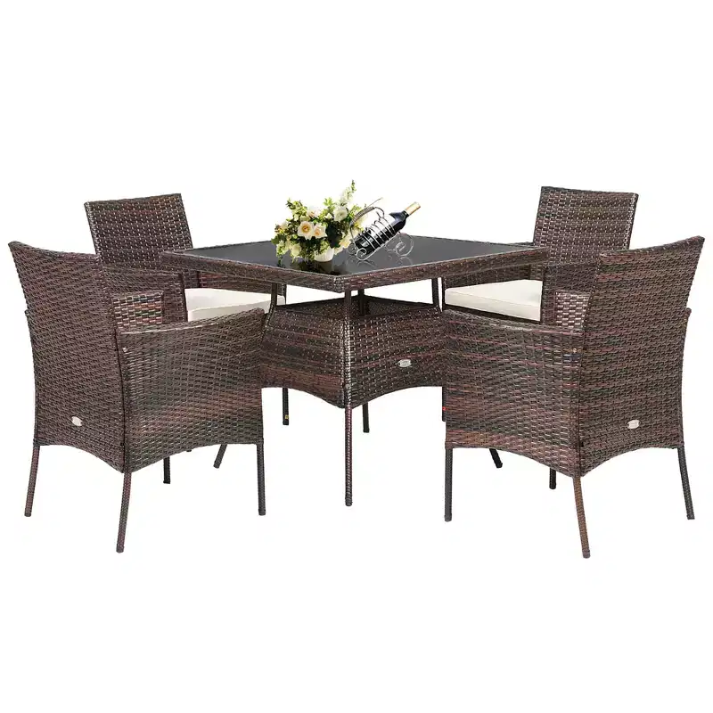 Costway 5PCS Patio Rattan Dining Furniture Set Armrest Sofa Chair Glass Table
