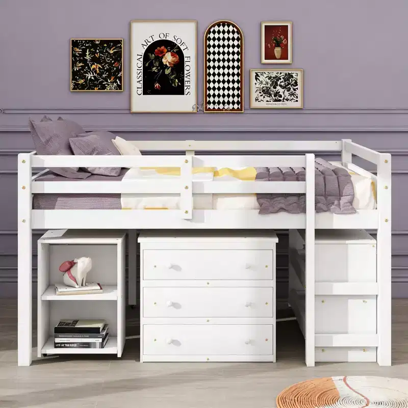Full Size Low Loft Bed with Rolling Desk, 3 Drawers and Shelves