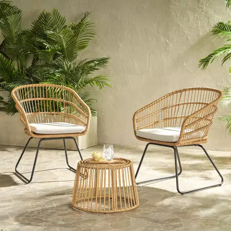 Christopher Knight Home Lemere Outdoor Wicker and Iron 3 Piece Chat Set with Cushion, Light Brown/Beige