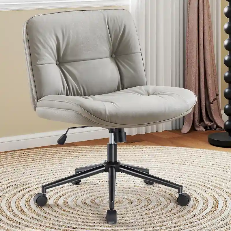 Criss Cross Chair with Wheels, Legged Home Office PU Leather Wide Armless Desk Seat, Rolling Ergonomic Comfy Vanity Seating