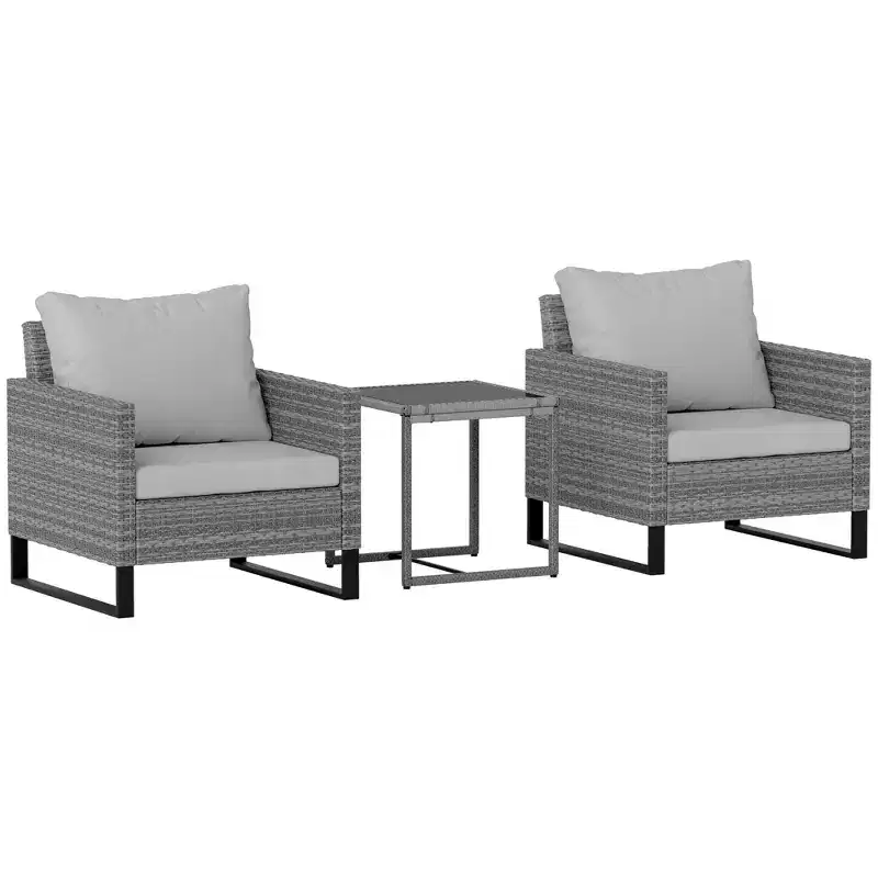 3PCS Patio Set, Wicker Bistro Set with Cushions, Rattan Chairs, Glass Coffee Table for Backyard, Porch, Balcony