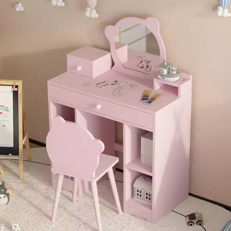 2-in-1 Princess Makeup Desk & Chair Set with Storage - Toddler Pretend Play Vanity for Girls - Pink