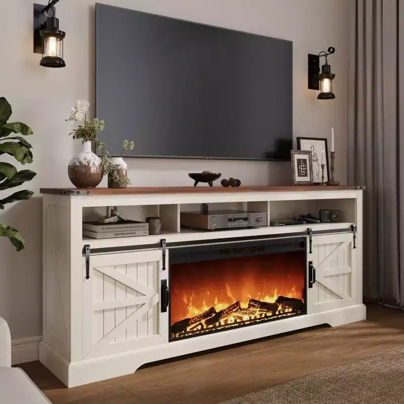 SinCiDo Fireplace TV Stand for 75 TV w/ Fireplace & Sliding Barn Door, w/ Remote Control, 3D Flame, Fire Place TV Stands for Living Room