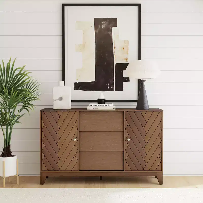 Poplar and Walnut Veneer Accent Cabinet with Drawers and Shelves 58.25