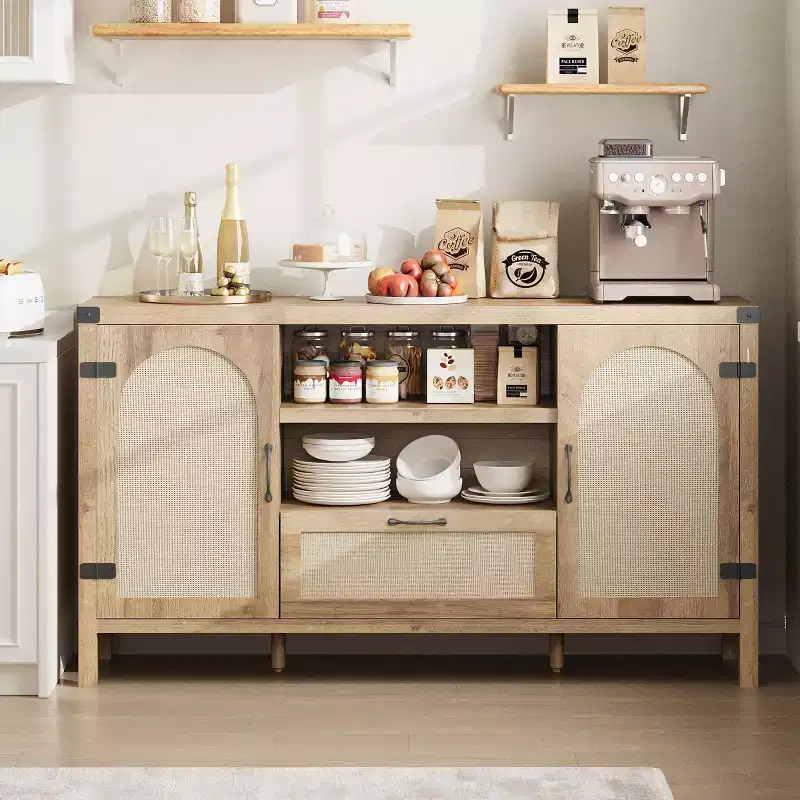 Kitchen Coffee Bar Cabinet with Doors and Drawer, Boho Farmhouse Sideboard with Adjustable Shelves and Handle for Kitchen, Living Room, Natural