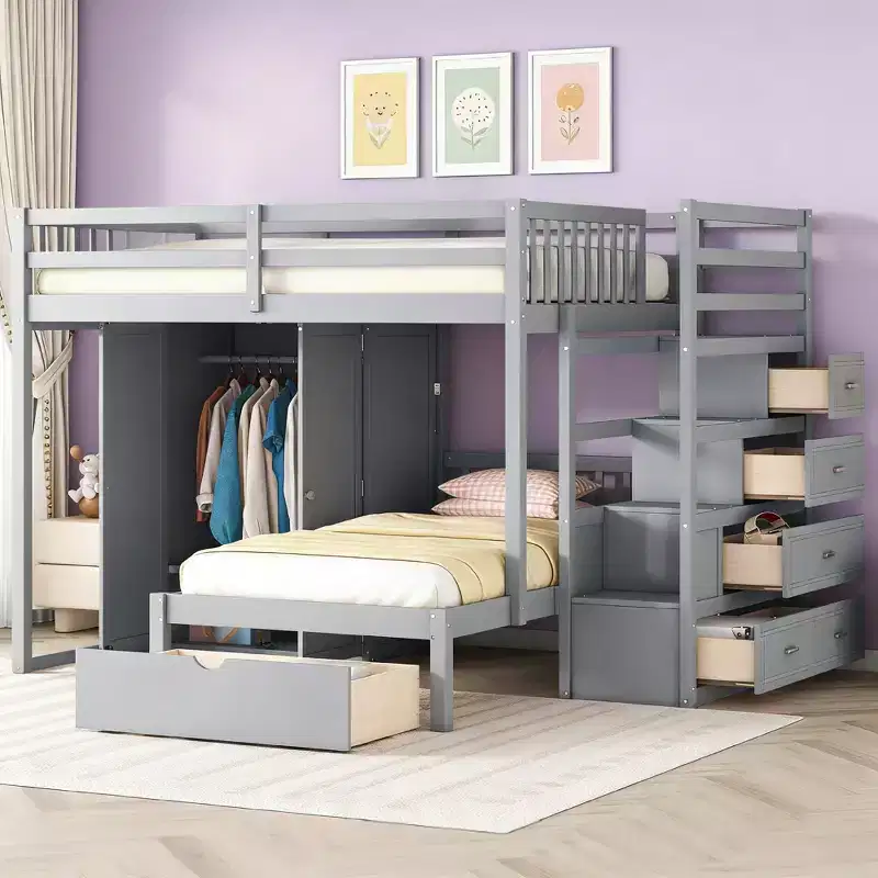 Modern Full Over Twin Bunk Bed with Wardrobe and 5 Drawers