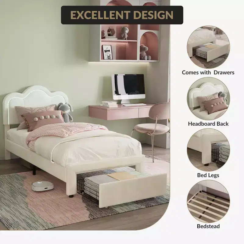 GustoWave Twin Velvet Princess Platform Bed, with Smart LED and Drawer
