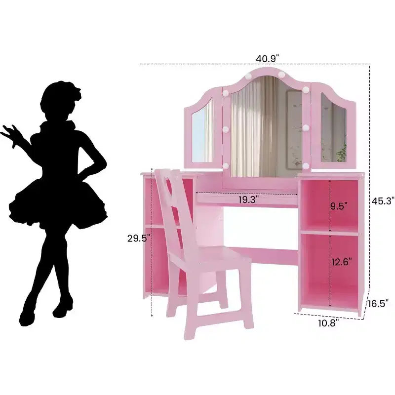 2-in-1 Girls Vanity Table and Chair Set, Tri-Folding Mirror, Large Storage, Touch Mirror, Easy Assembly, for Kids Bedroom, Pink and White