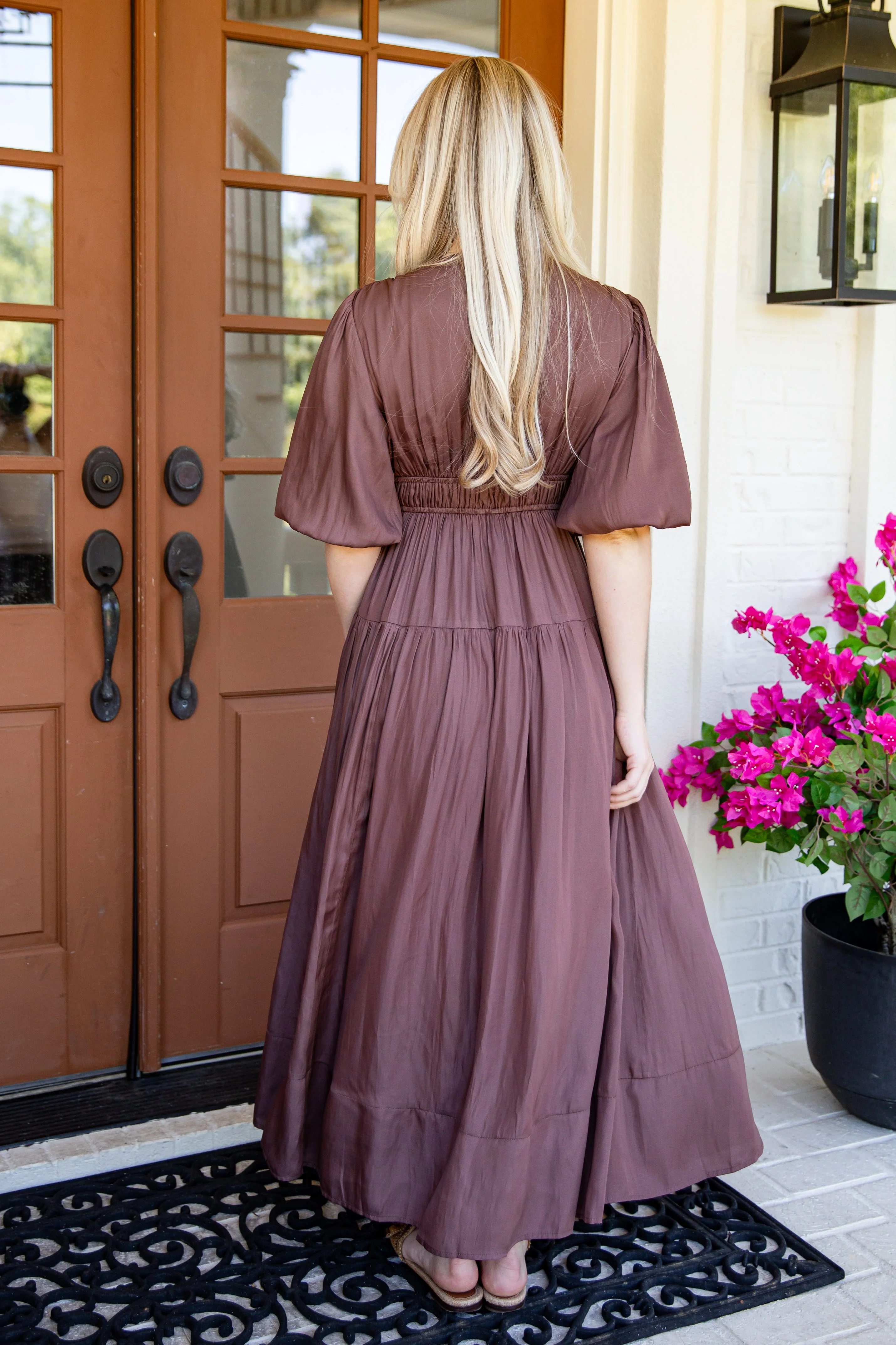 Puff Sleeve Smocked Waist Tiered Maxi Dress