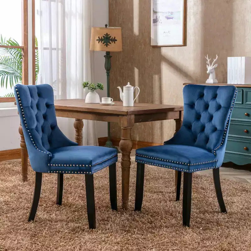 Harrington Collection Modern Tufted Velvet Dining Chairs, Solid Wood Legs with Nailhead Trim, Contemporary Upholstered Side Chair Set of 2, Navy Blue