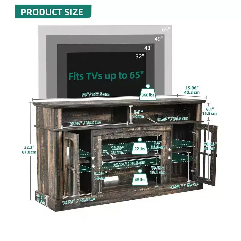 LED TV Stand Cabinet with Power Outlets for TVs up to 65 inch ,Entertainment Center with Adjustable Shelves& Glass Doors for Living Room